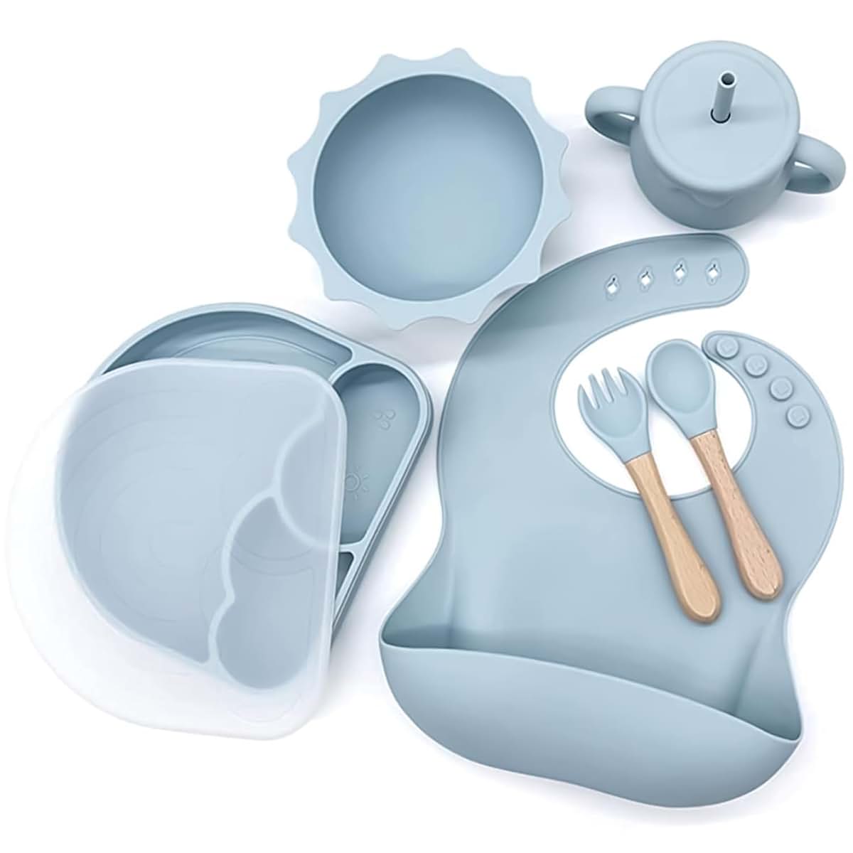 KCMI Baby Suction Plate and Bowl Set, 6-Pc Silicone Feeding Set, Bib, Cup, Blue