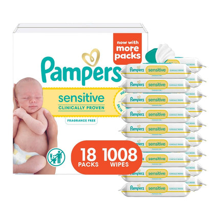 Pampers Sensitive Baby Wipes, Clinically Proven, Fragrance Free, Unscented, Water Based, Hypoallergenic, Multi-Use, Hand Wipes 1008 Wipes Total (18X Flip-Top Packs) [Packaging May Vary]