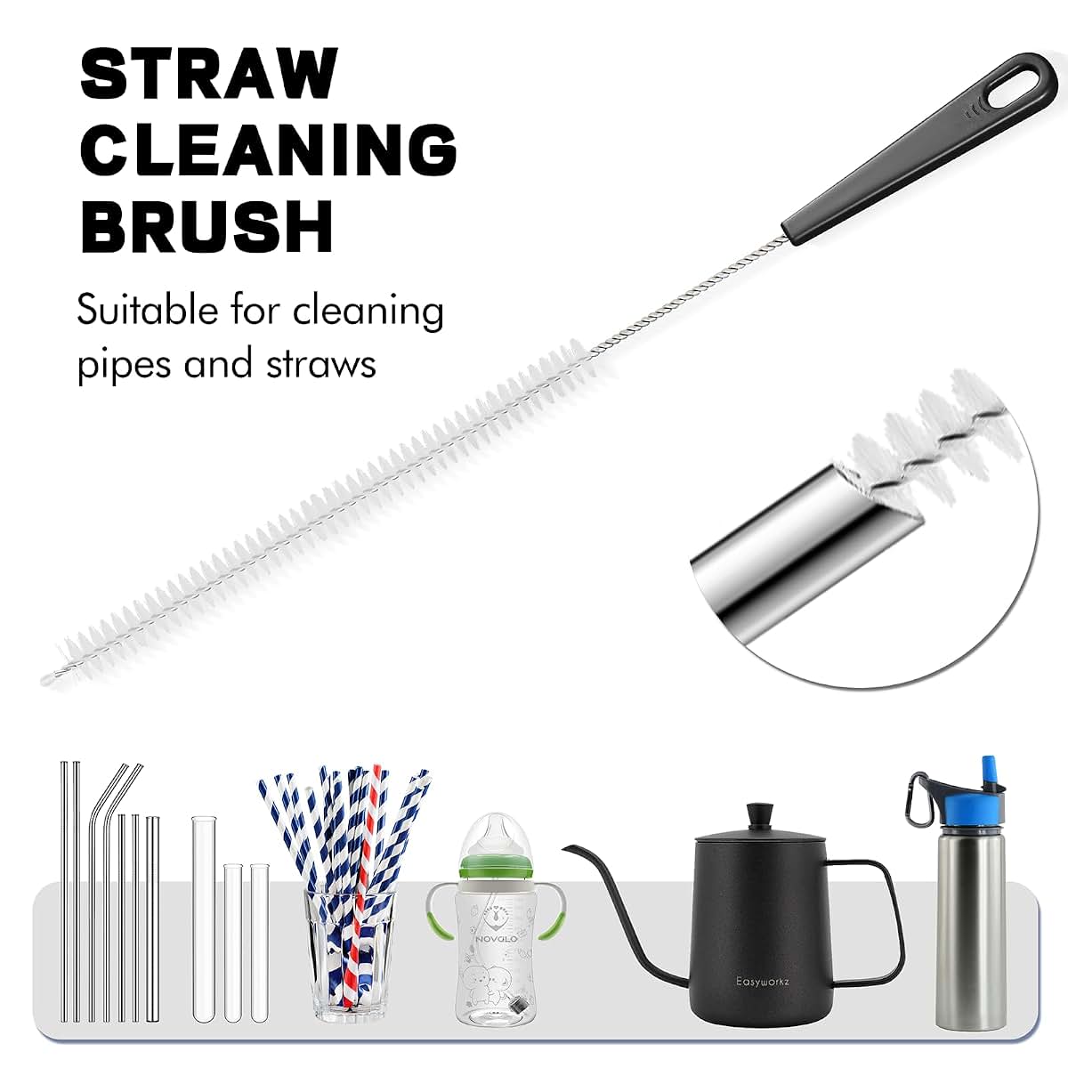 Birswoil 4Pcs Bottle Cleaning Brush Set with Long Handle and Straw Brush for Bottles, Jars, and Sippy Cups
