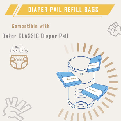 Ropassor Diaper Pail Refill Bags for Dekor Classic, 4 Packs (2000 Count), 7-Layer Odor-Block, 12.5m