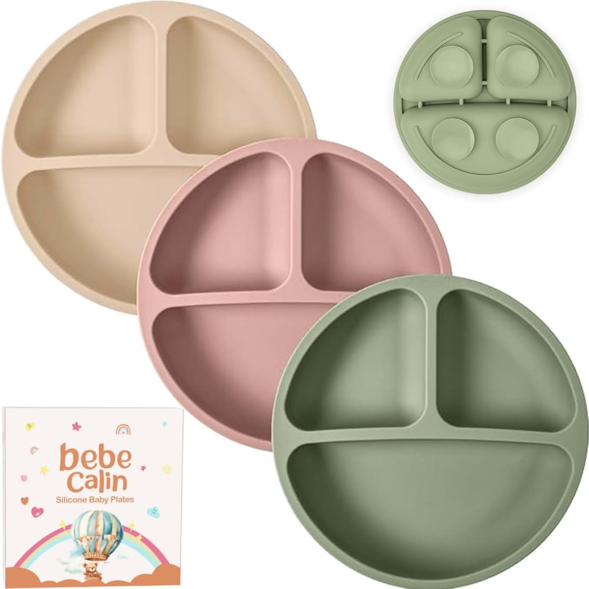 BebeCalin Suction Plates for Baby - 3 Pack Silicone Suction Plates for Toddlers Self Feeding - Baby Plates for High