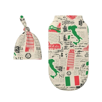 Metflot Cotton Baby Swaddle Blanket and Beanie Hat Set Retro Italian Theme