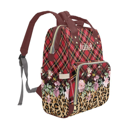 YallLocoMo Personalized Diaper Bag Backpack Name Red Plaid and Leopard Convenient and Durable: Waterproof (photo 3)