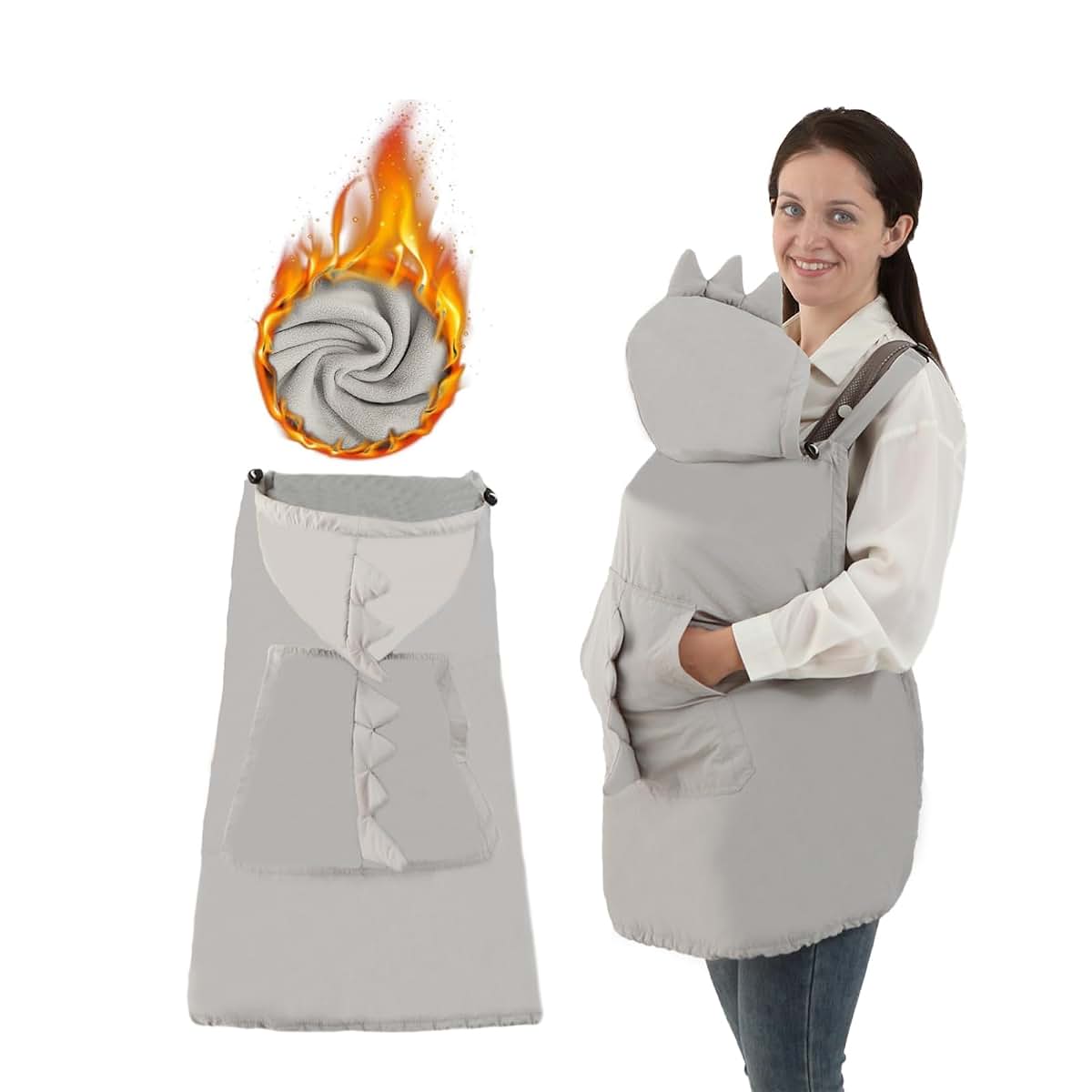 longdafei Baby Carrier Winter Cover with Adjustable Hood and Lined Pockets, Grey Dinosaur