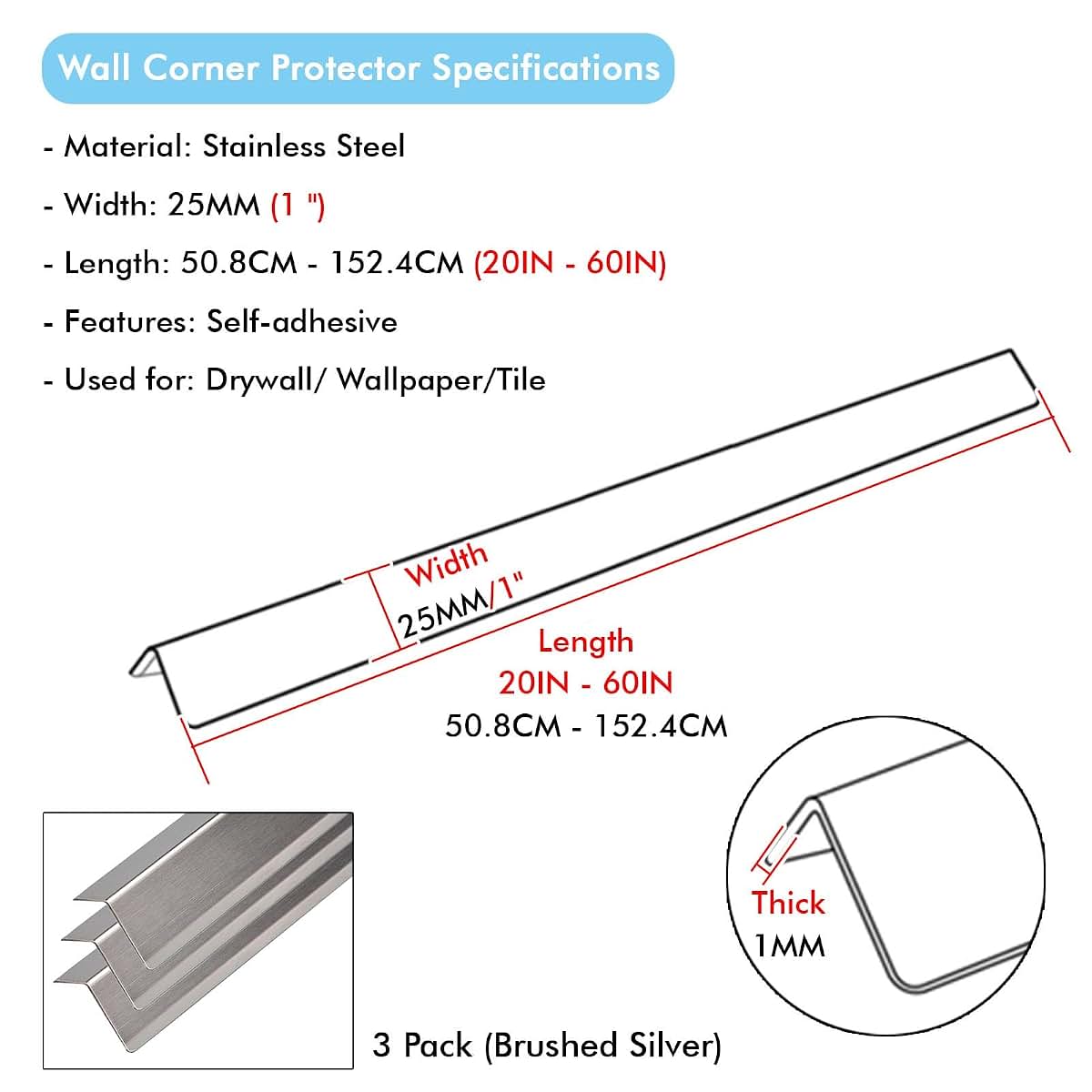 HOBGSL 3 Pcs Wall Corner Guard Stainless Steel, Self Adhesive Wallpapers Corner Protector Strips/ Peel and Stick Edge (photo 3)