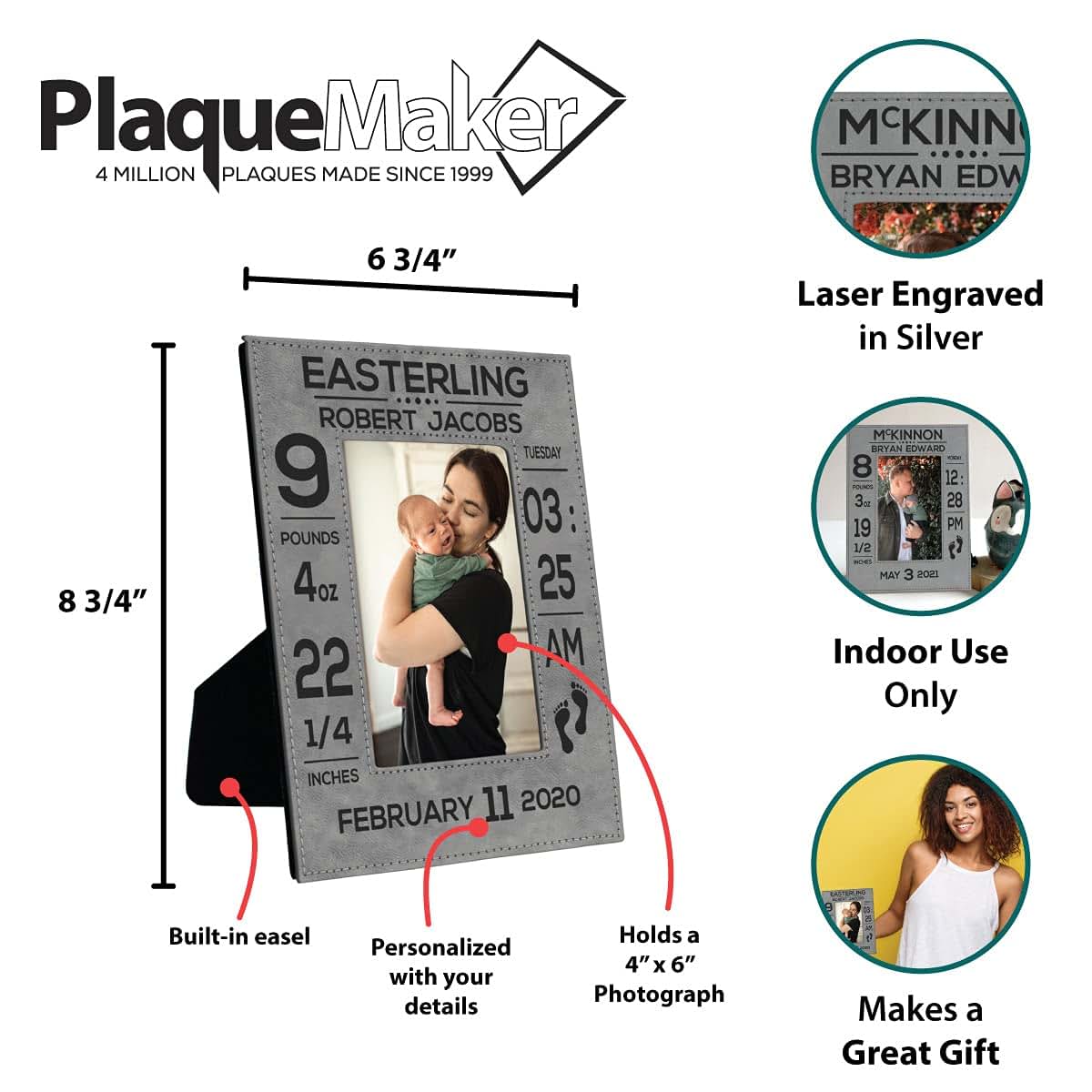 PlaqueMaker Personalized New Baby Information Picture Frame - Gray