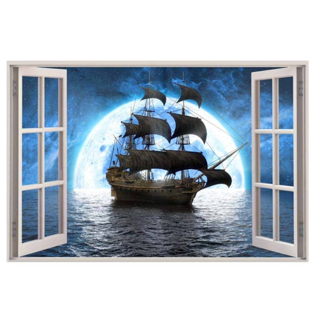 Kiddale 3D Pirate Ship Fake Window Wall Sticker Decal for Bedroom Decoration