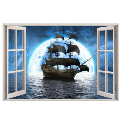 Kiddale 3D Pirate Ship Fake Window Wall Sticker Decal for Bedroom Decoration