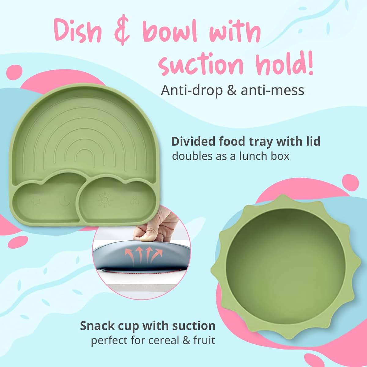 KCMI Baby Suction Plate and Bowl Set, 6-Pc Silicone Feeding Set, Bib, Cup, Blue (photo 3)