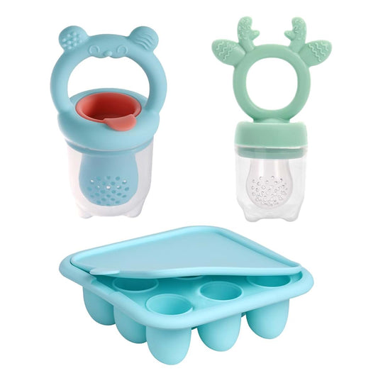 StarCradle Silicone Baby Fruit Feeder Set with Freezer Tray, 2 Pack (Blue)