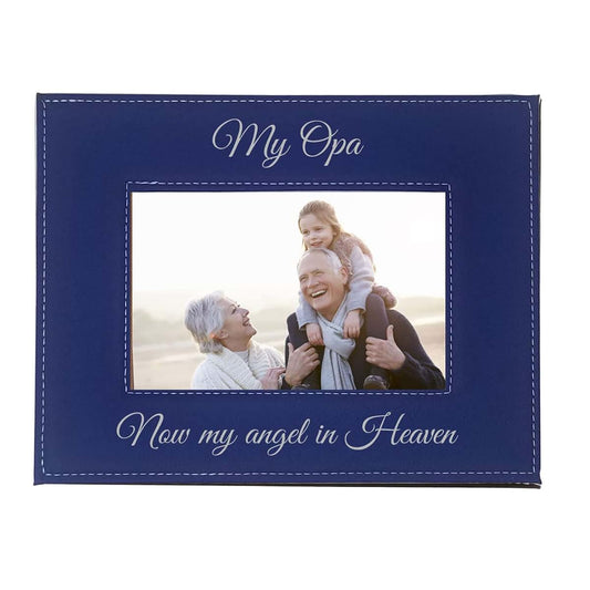 CustomGiftsNow My Opa Now My Angel in Heaven Laser Engraved Faux Leather Blue Leatherette Wall Hanging/Tabletop Picture