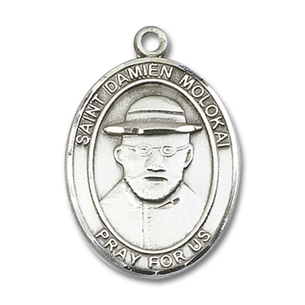 Bonyak Jewelry Saint Medal Collection Sterling Silver St. Damien of Molokai Pendant 1 x 3/4 inches with Heavy Curb Chain