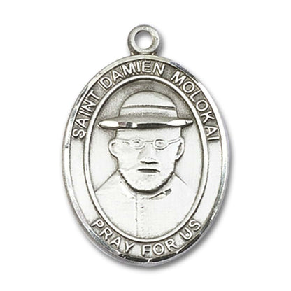 Bonyak Jewelry Saint Medal Collection Sterling Silver St. Damien of Molokai Pendant 1 x 3/4 inches with Heavy Curb Chain