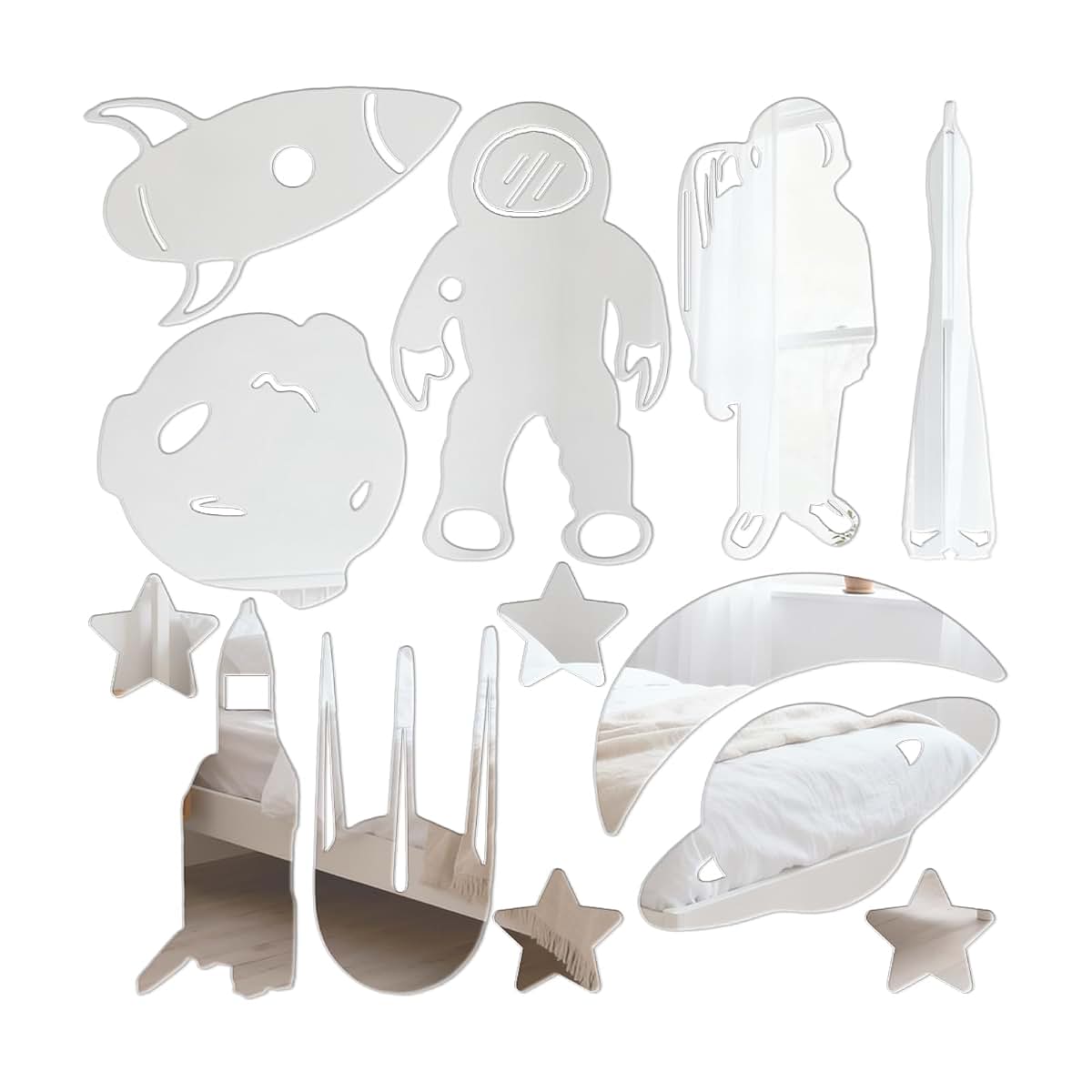 Astronaut Space Rocket Mirror Wall Decal Stickers 14Pcs 3D Acrylic Silver