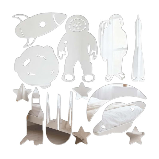 Astronaut Space Rocket Mirror Wall Decal Stickers 14Pcs 3D Acrylic Silver