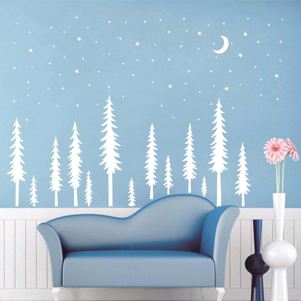 YOYOYU ART HOME DECOR Forest Pine Tree Moon Star Kids Nursery Wall Decal AM12 White