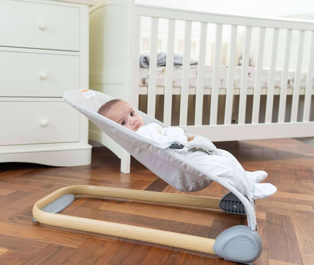 BaeBae Goods Baby Bouncer Seat, Breathable Fabric, Light Grey