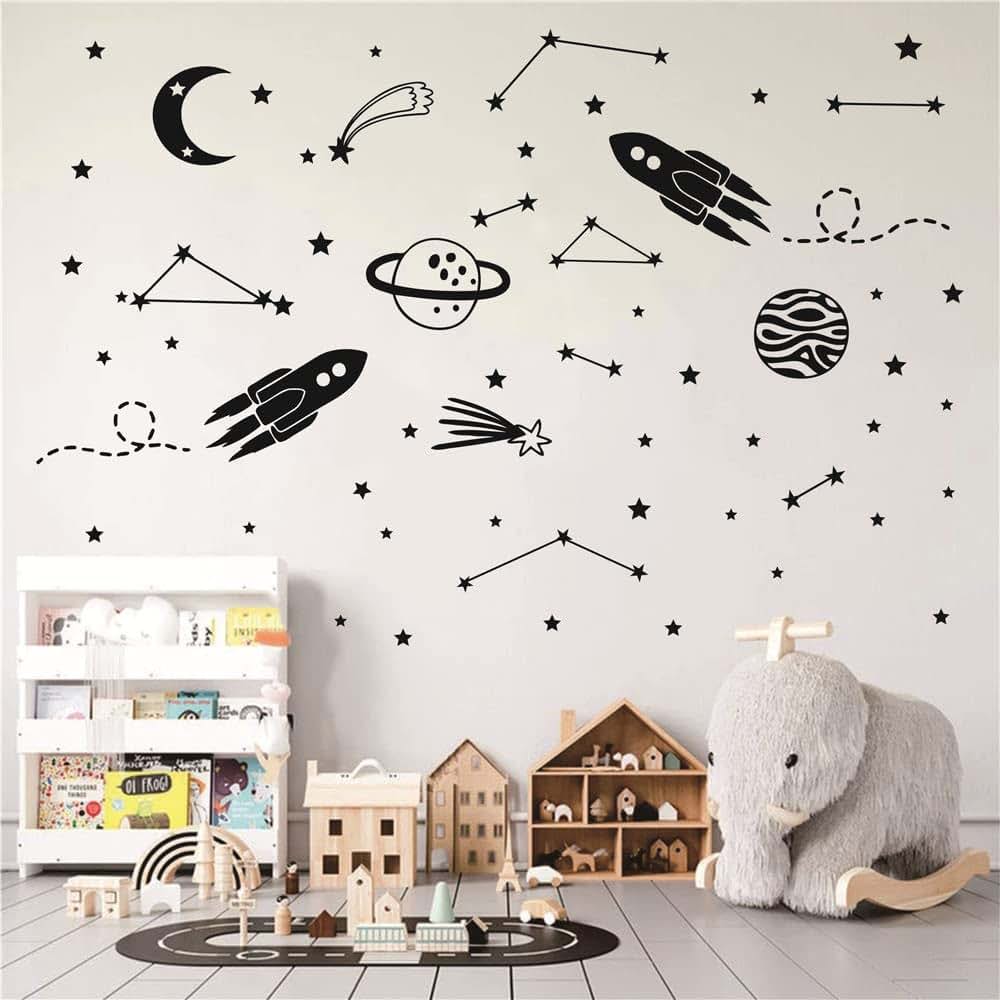 Outer Space Rocket Wall Decals for Kids, Removable Vinyl Stickers with Planets, Moon, Stars, Black