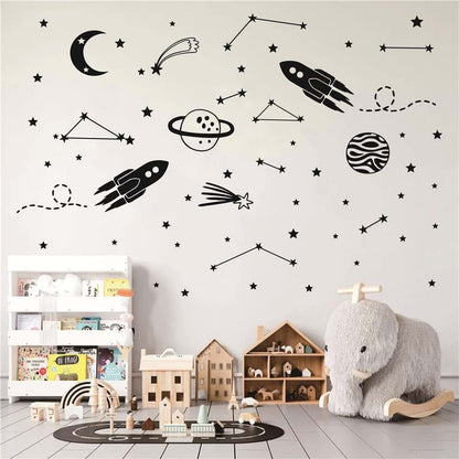 Outer Space Rocket Wall Decals for Kids, Removable Vinyl Stickers with Planets, Moon, Stars, Black