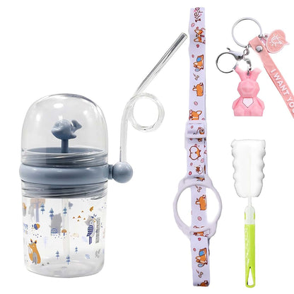 Seelucky Whale Spray Water Bottle With Straw And Carry Strap - Grey Birds 3