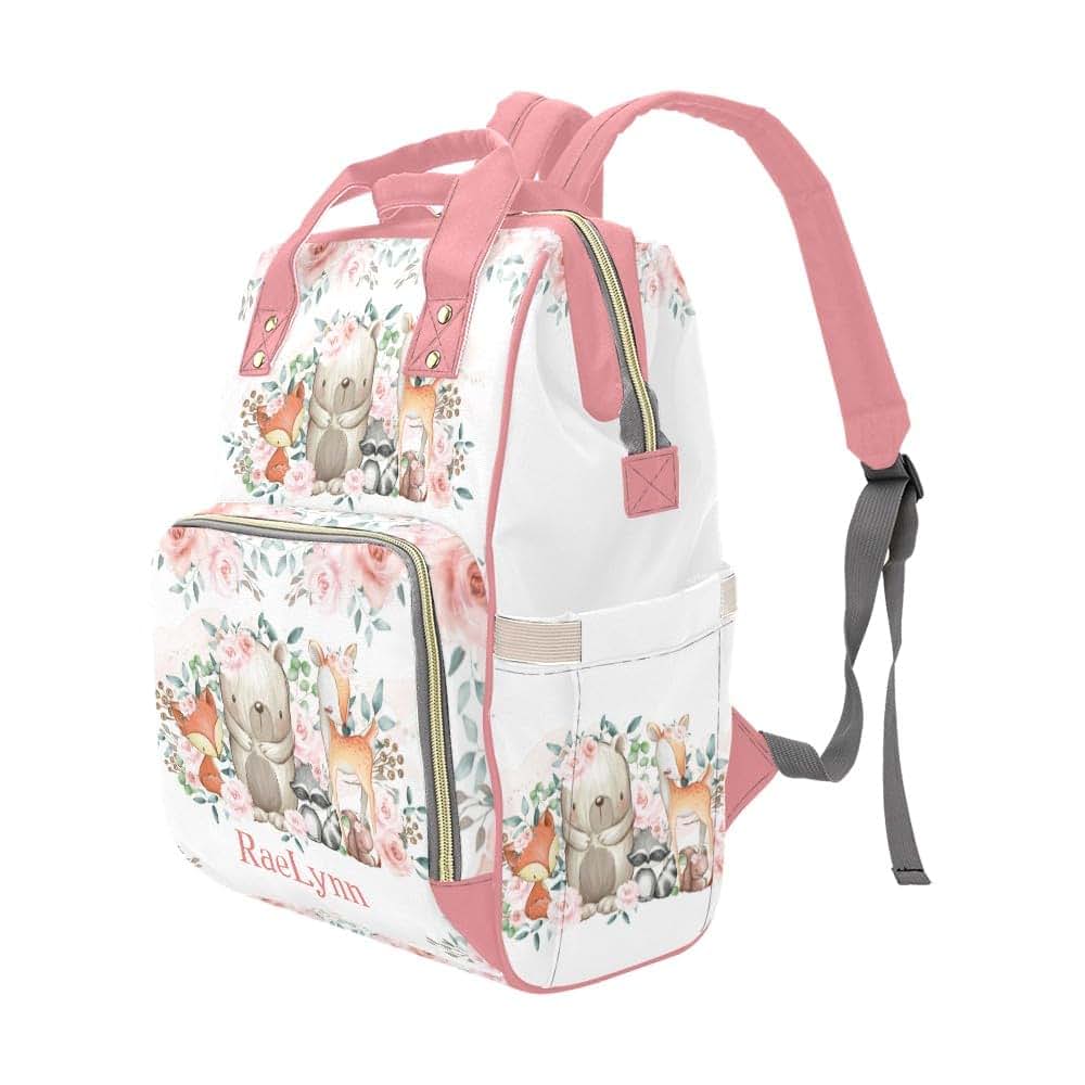 YallLocoMo Personalized Diaper Bag Backpack Name Pink Rose Woodland Animals Girl Multifunction Travel Backpack Nappy (photo 4)