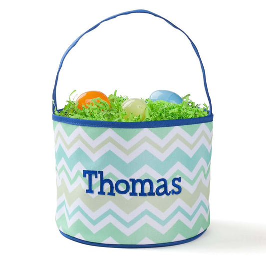 Personalized Planet Personalized Chevron Bucket Bag with Custom Name | Green and Blue Stripped Easter Bag with Handle
