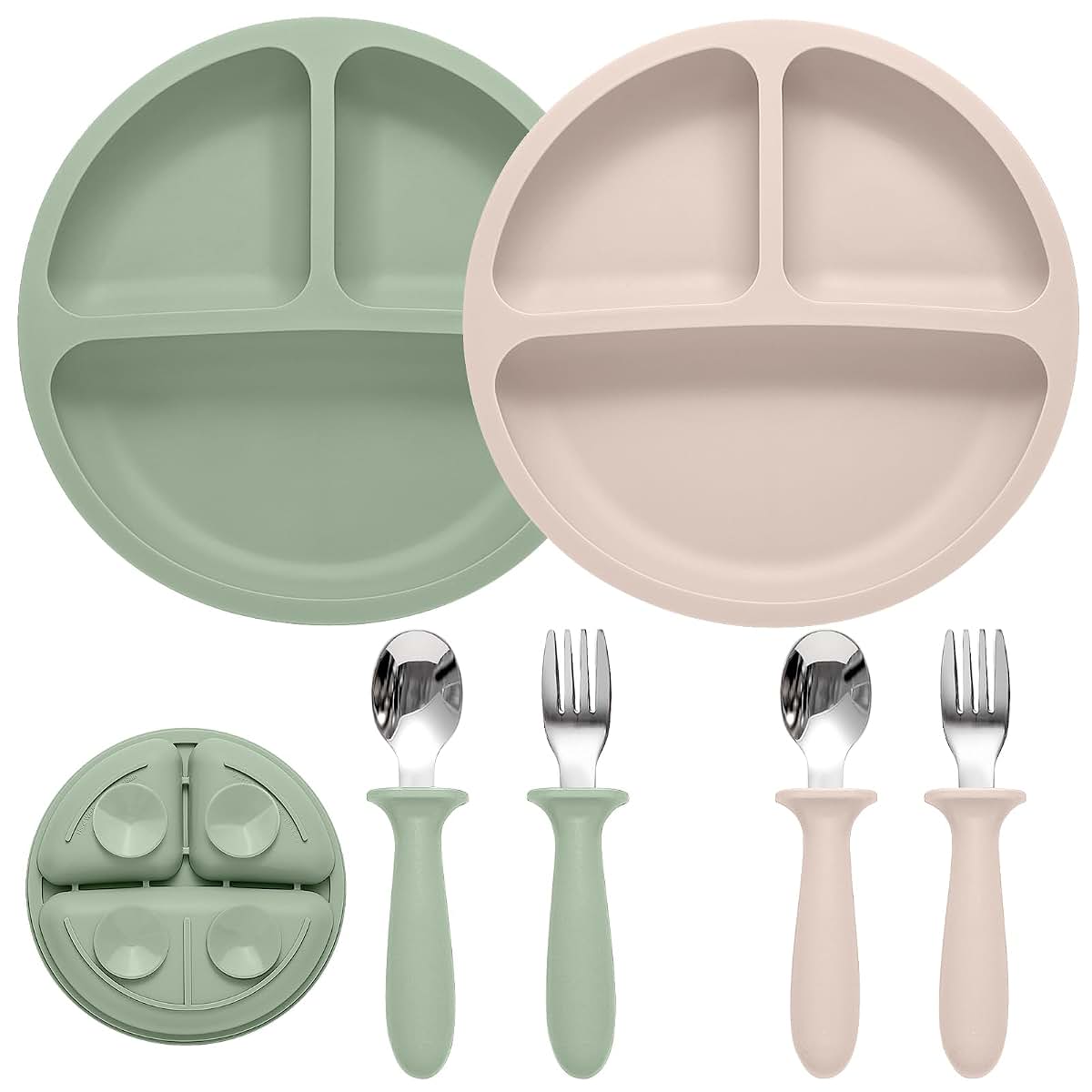Eascrozn 2 Pack Silicone Baby Plates with Suction and Stainless Steel Utensils
