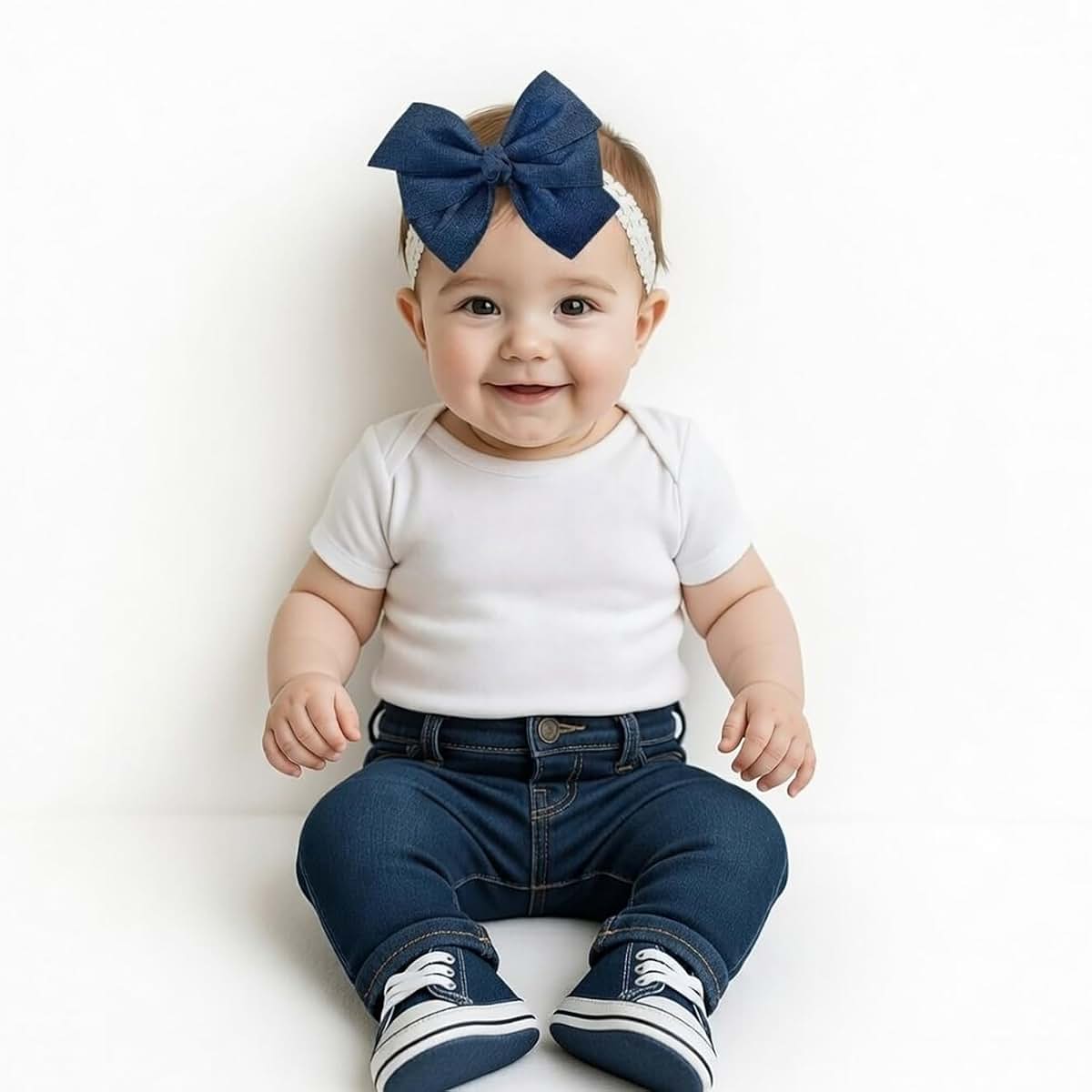 WEBB DIRECT2U Baby Girls Denim Blue Jean Hair Bow on White Stretch Headband, 5 Inch