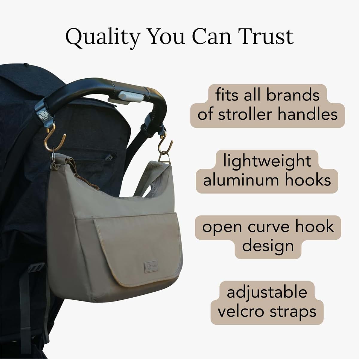 Huhu Essential Stroller Hooks - Lightweight Aluminum Stroller Bag Hook with Adjustable Straps, Matte Gold S-Hooks for (photo 2)