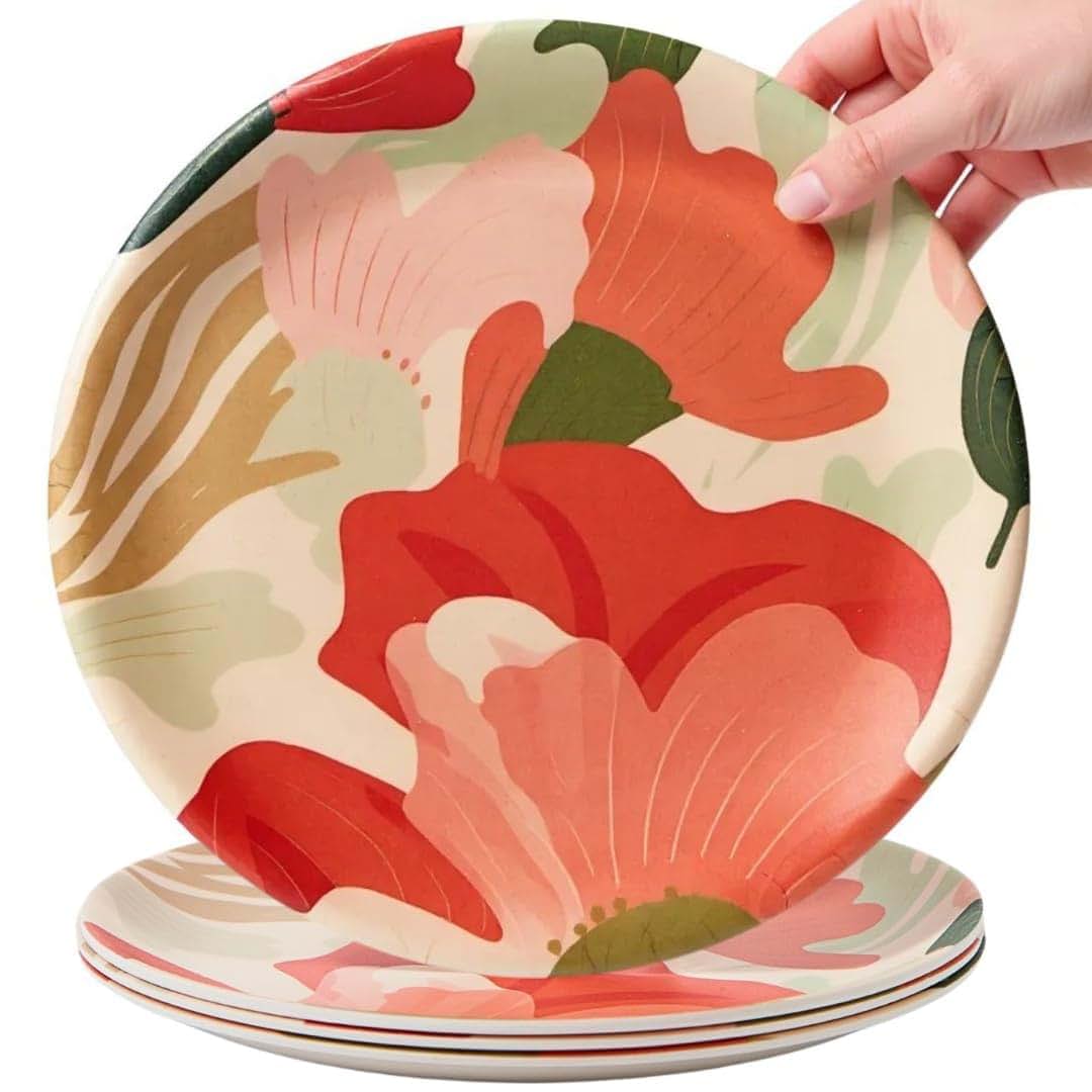 ilohaus Bamboo Kids Plates Set of 4 Floral Dinnerware