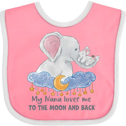 My Nana Loves Me To The Moon And Back Elephant Family Baby Bib With Hook And Loop Closure