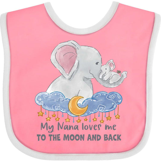 My Nana Loves Me To The Moon And Back Elephant Family Baby Bib With Hook And Loop Closure