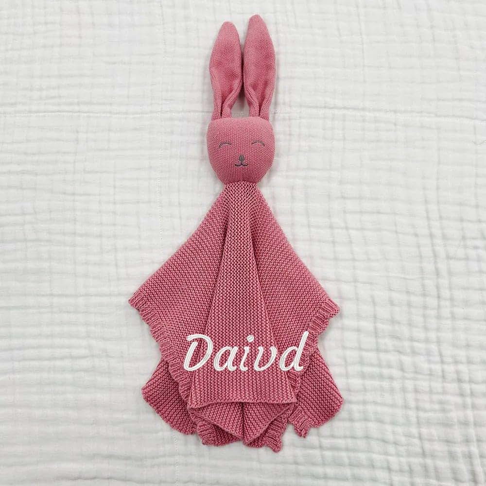 ZoikoM Personalized Baby Gifts Custom Embroidered Name Lovey Animal Stroller Blanket Breathable Cotton Knitted Bunny