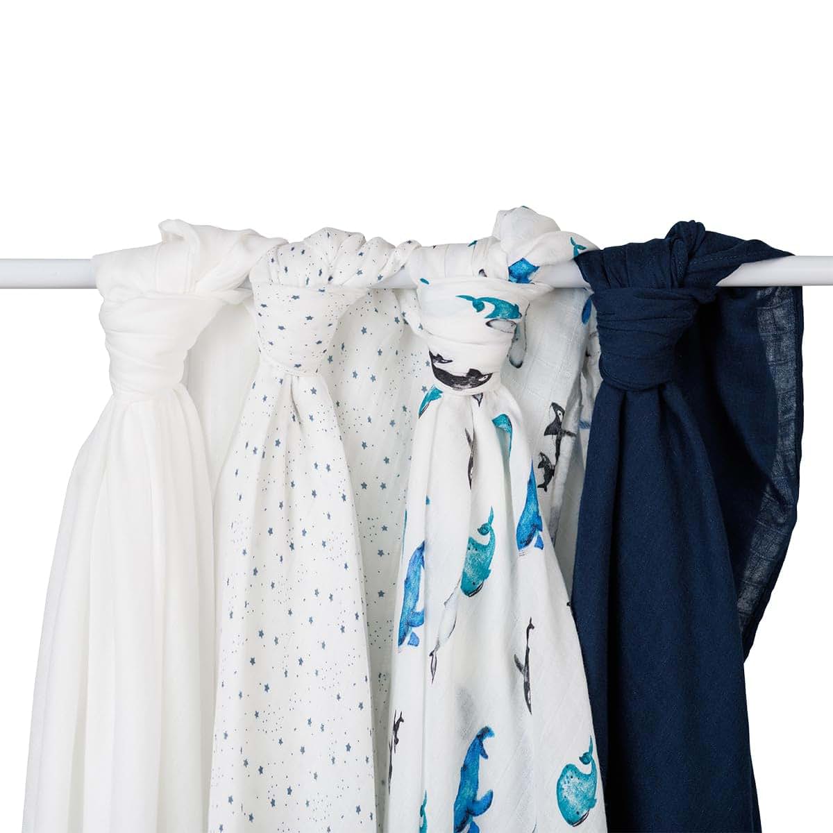 Lulujo Set of 4 Deluxe Muslin Swaddle Blankets, Whales & Stars, 47 x 47-Inch