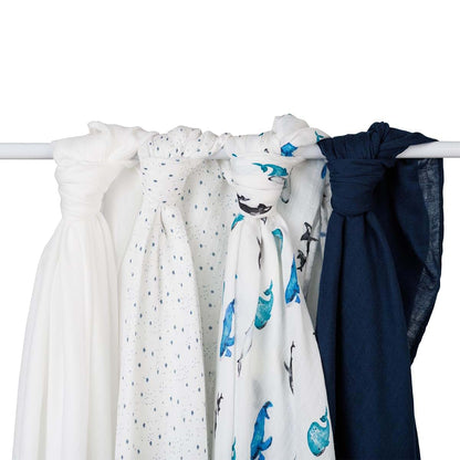 Lulujo Set of 4 Deluxe Muslin Swaddle Blankets, Whales & Stars, 47 x 47-Inch