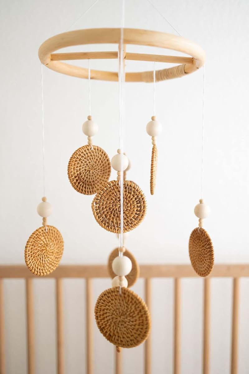 Boho Baby Mobile Decor | Natural Rattan Crib Accent for Nursery