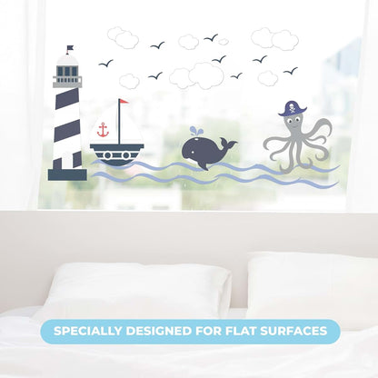 BabyOneStop Lighthouse Whale and Octopus Wall Decal for Kids Room, 40 x 22 Inch