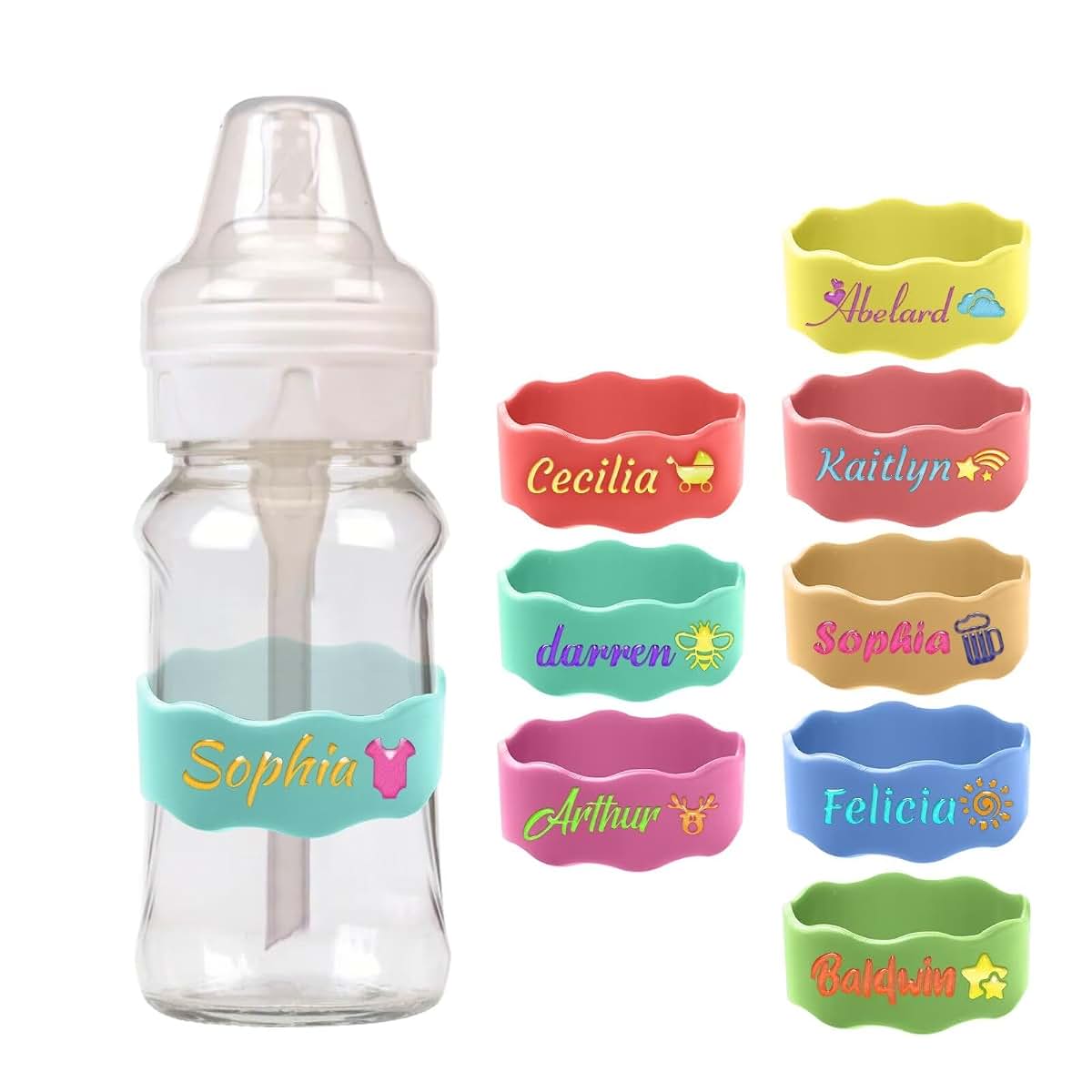 FENGHUO Personalized Baby Bottle Labels,Customizable Silicone Water Bottle Name Bands for Nursery,Reusable Customized