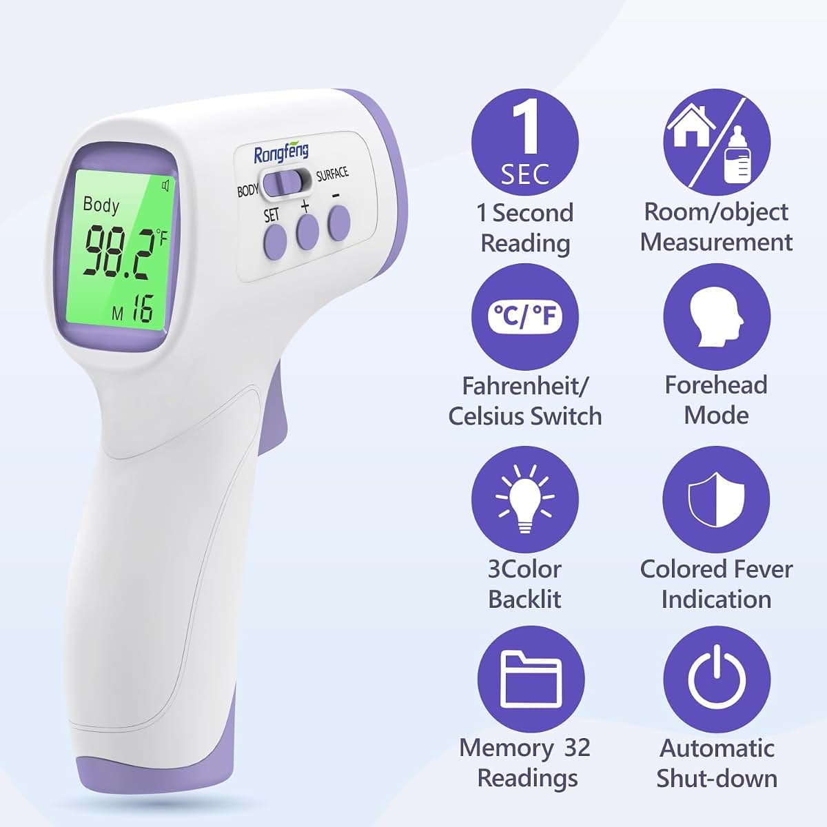 No-Touch Forehead Thermometer With Fever Alarm