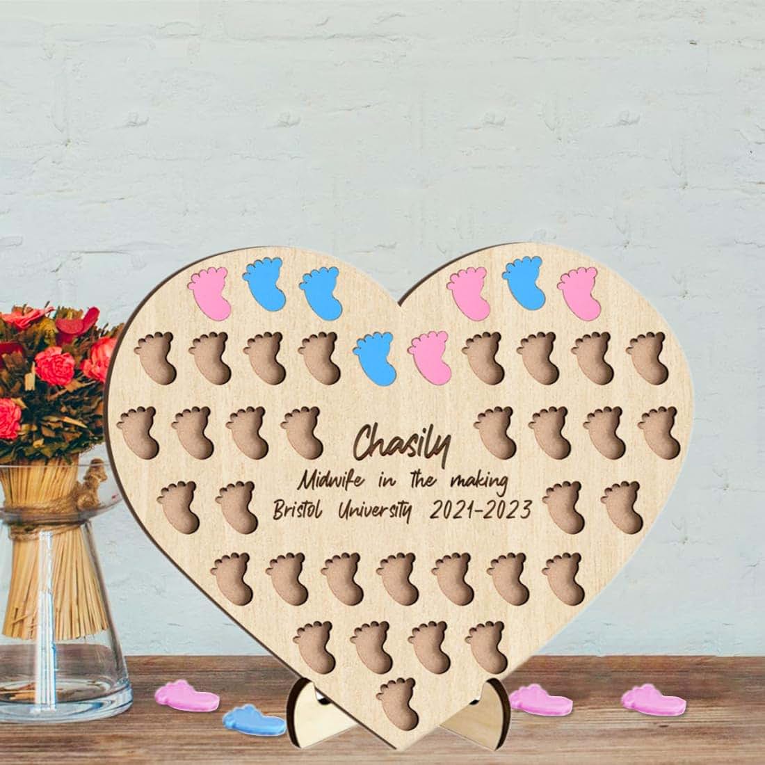 Condlin Personalised Student Midwife Birth Counter Sign with 50 Baby/Feet/Heart/Spaces Custom Name Degree Midwife Catch (photo 3)