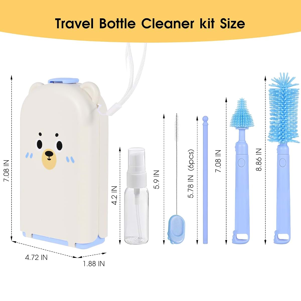 Travel Bottle Washing Kit With Storage Case, 7-In-1 Baby Bottle Cleaner (Blue)