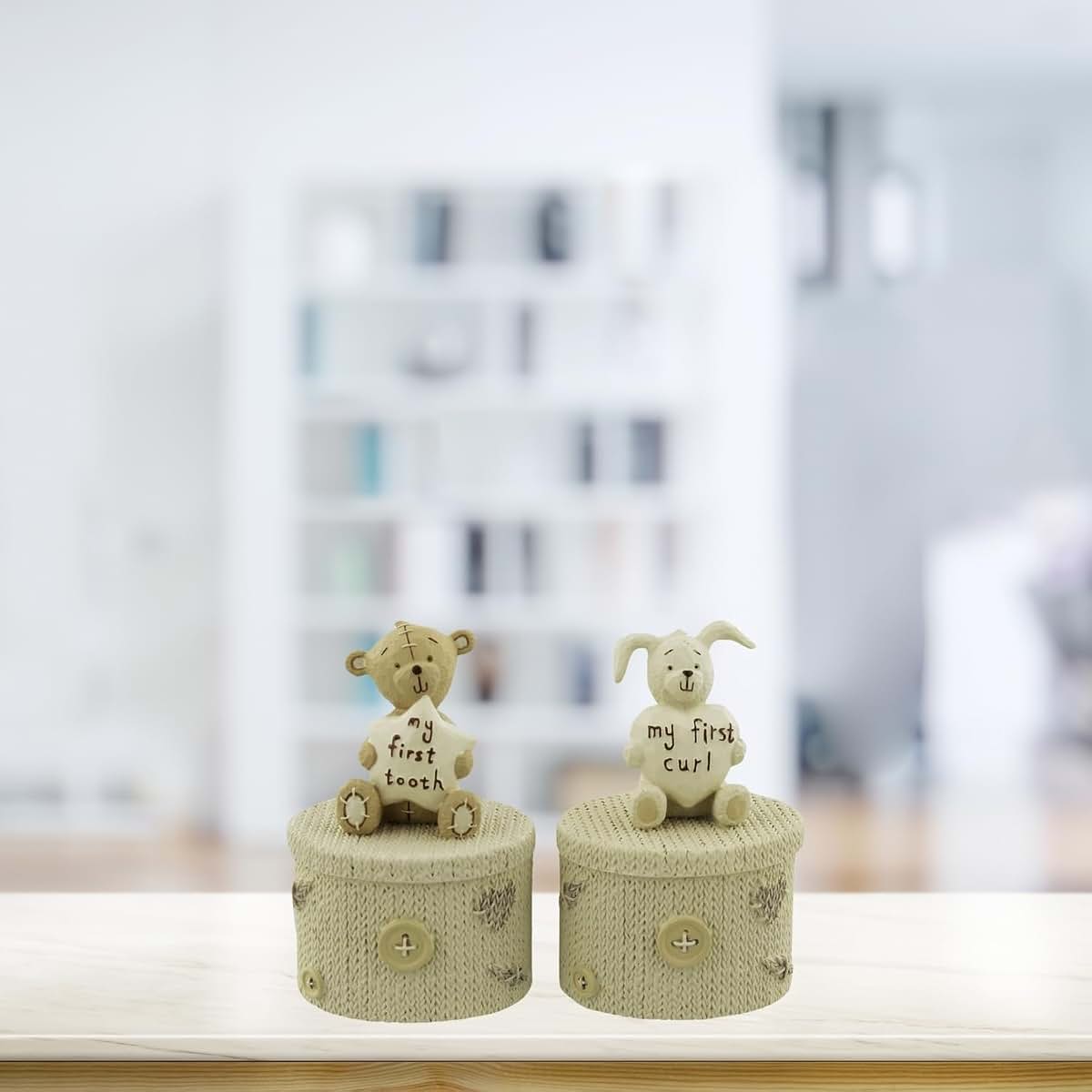 Button Corner Resin First Tooth and First Curl Set Christening Rabbit & Teddy Trinket Boxes CG752 (photo 2)