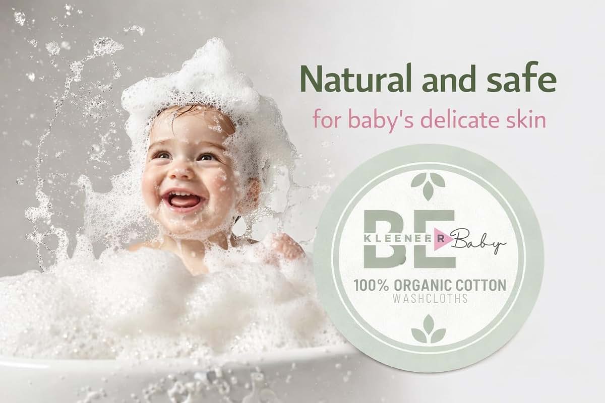 BE KLEENER Baby 100% Organic Cotton Washcloths, White, Soft Absorbent for Babies Face and Body, Newborn, Kids (photo 2)