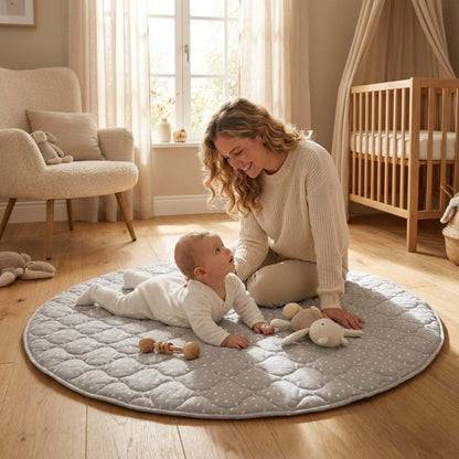Byrd & Blume Round Baby Play Mat, Gray Stars And Solid Gray 40 Inch (photo 2)