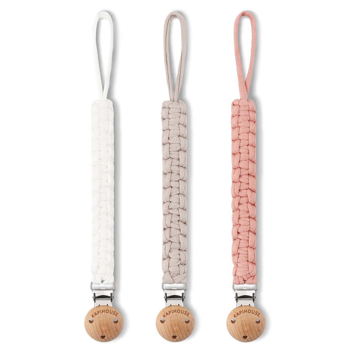 Kapihouse Pacifier Clip 3-Pack, 9.2 Inch Braided Cotton Leashes