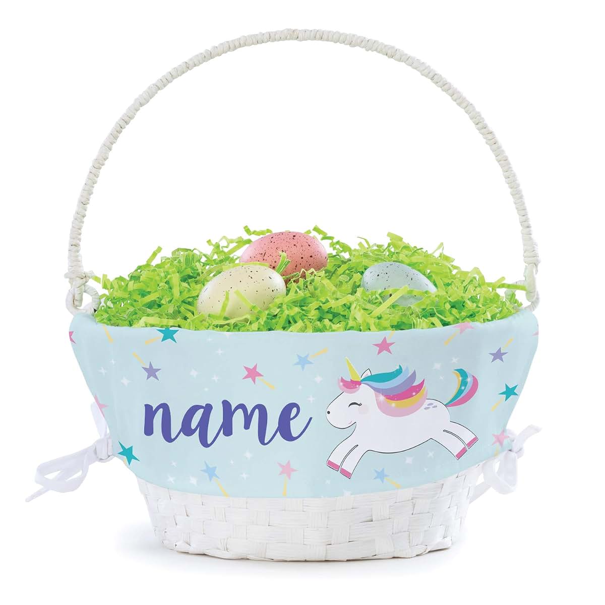 Personalized Planet Rainbow Unicorn Personalized Easter Egg Basket with Handle and Custom Name | Blue Easter Basket