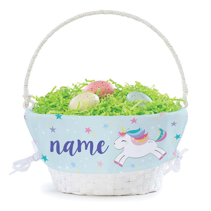 Personalized Planet Rainbow Unicorn Personalized Easter Egg Basket with Handle and Custom Name | Blue Easter Basket