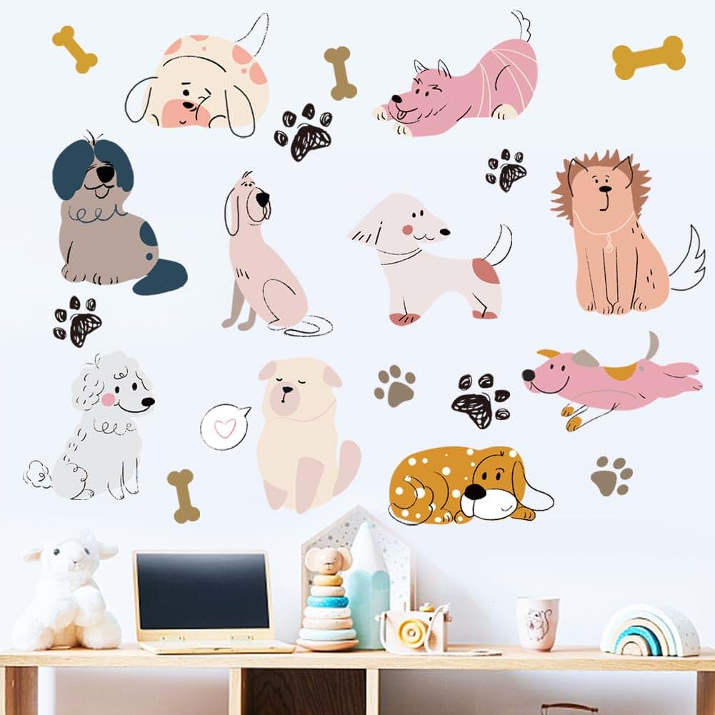 SUPERDANT Cartoon Dogs Wall Stickers Puppy and Bones Vinyl Decal for Kids Rooms 90x30cm 2 Pack