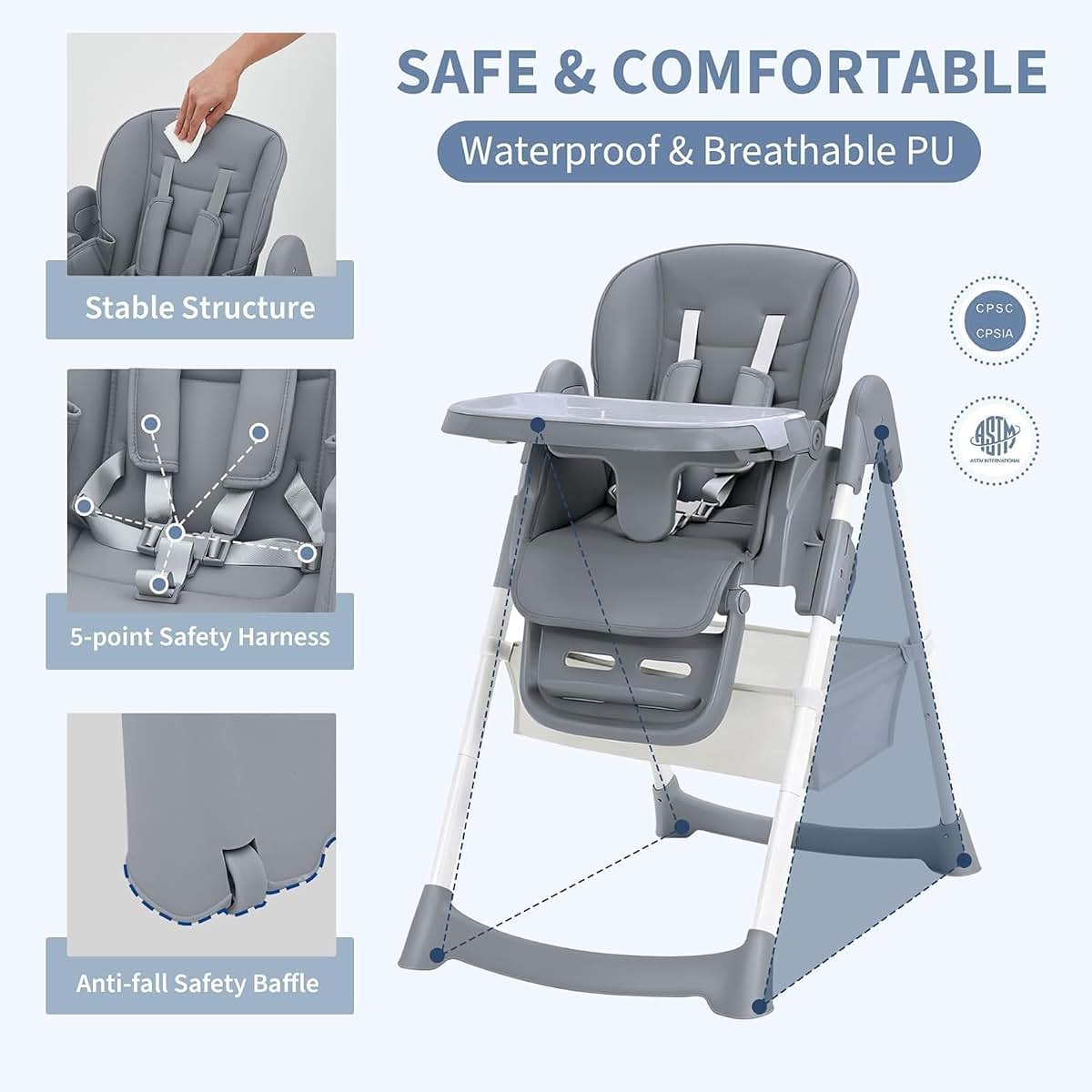 Towallmark Foldable Adjustable Baby High Chair in Dark Grey (photo 3)