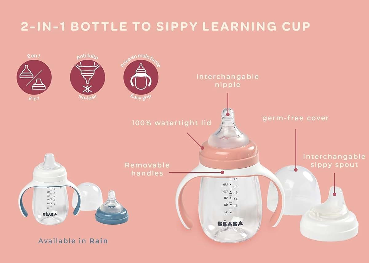 Béaba BEABA 2-in-1 Baby Bottle to Transition Sippy Cup, No Spill Sippy Cup, Includes Removable Handles, Silicone Baby (photo 4)